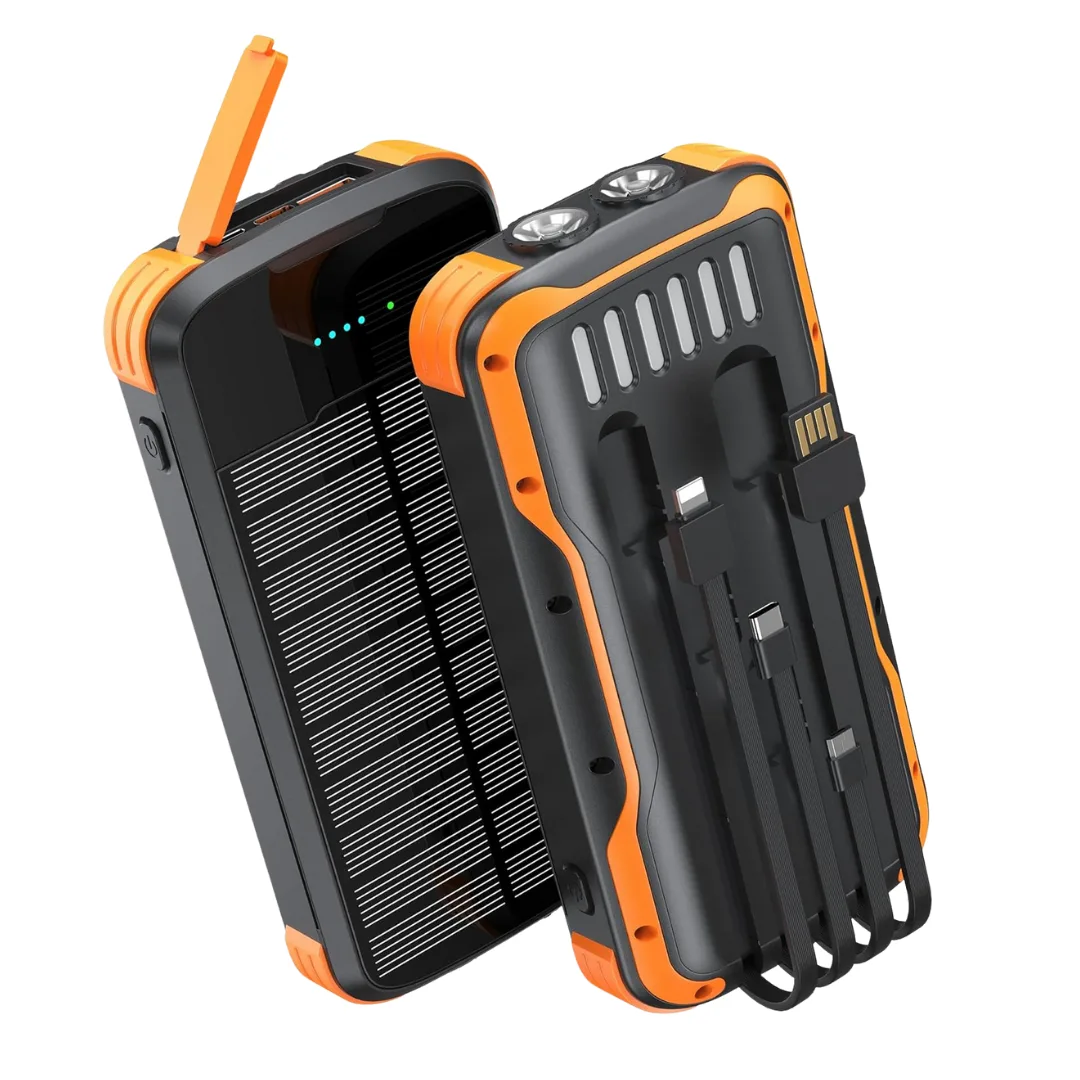 4 conectores integrados. Batería externa solar de gran capacidad 40000 Mah. Carga 5 dispositivos en forma simultánea. Carga rápida. Aprueba de agua. Aprueba de polvo. Resistente a polpez